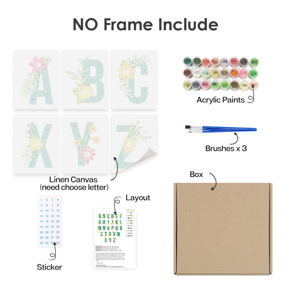 Artistic set with linen canvas, acrylic paints, brushes, and other supplies on a white background.