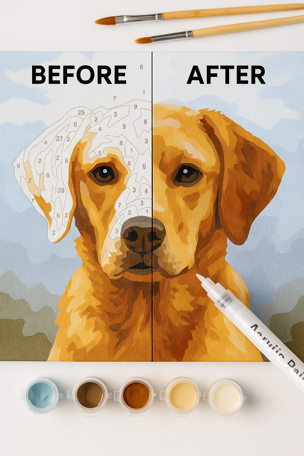 Before and after comparison of a dog painting with art supplies on a white background