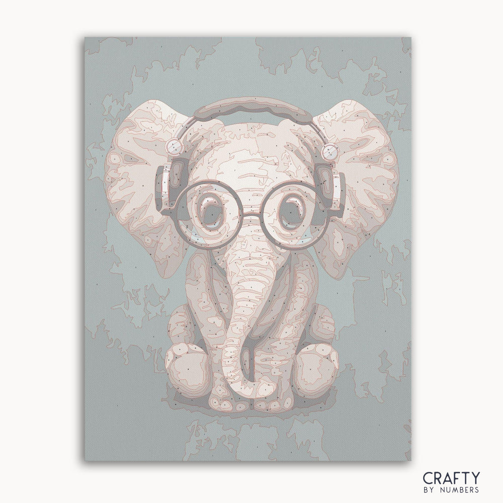 Baby elephant with headphones paint by number inspired by famous paintings and vincent van gogh famous paintings style.