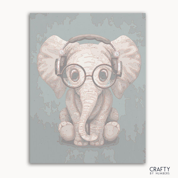 Baby elephant with headphones paint by number inspired by famous paintings and vincent van gogh famous paintings style.