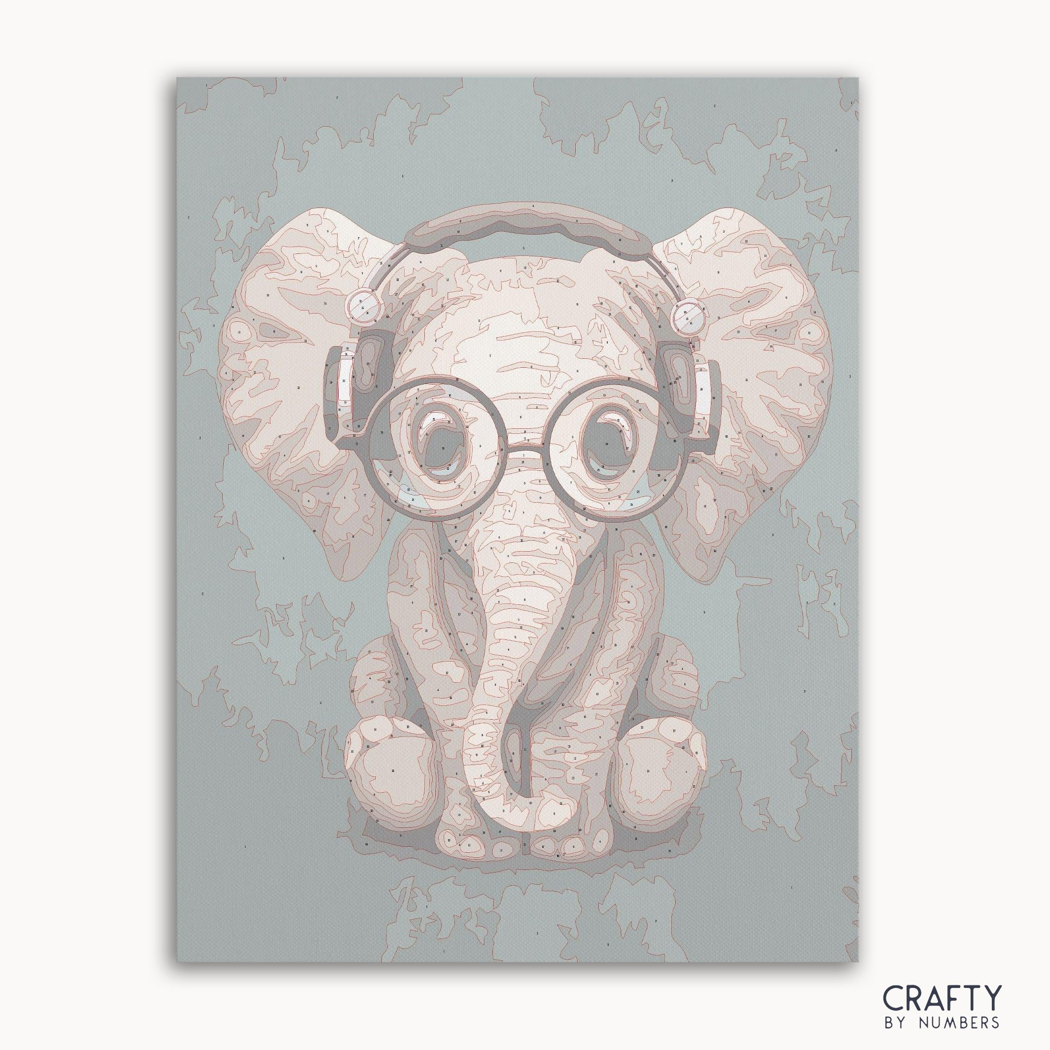 Baby elephant with headphones paint by number inspired by famous paintings and vincent van gogh famous paintings style.