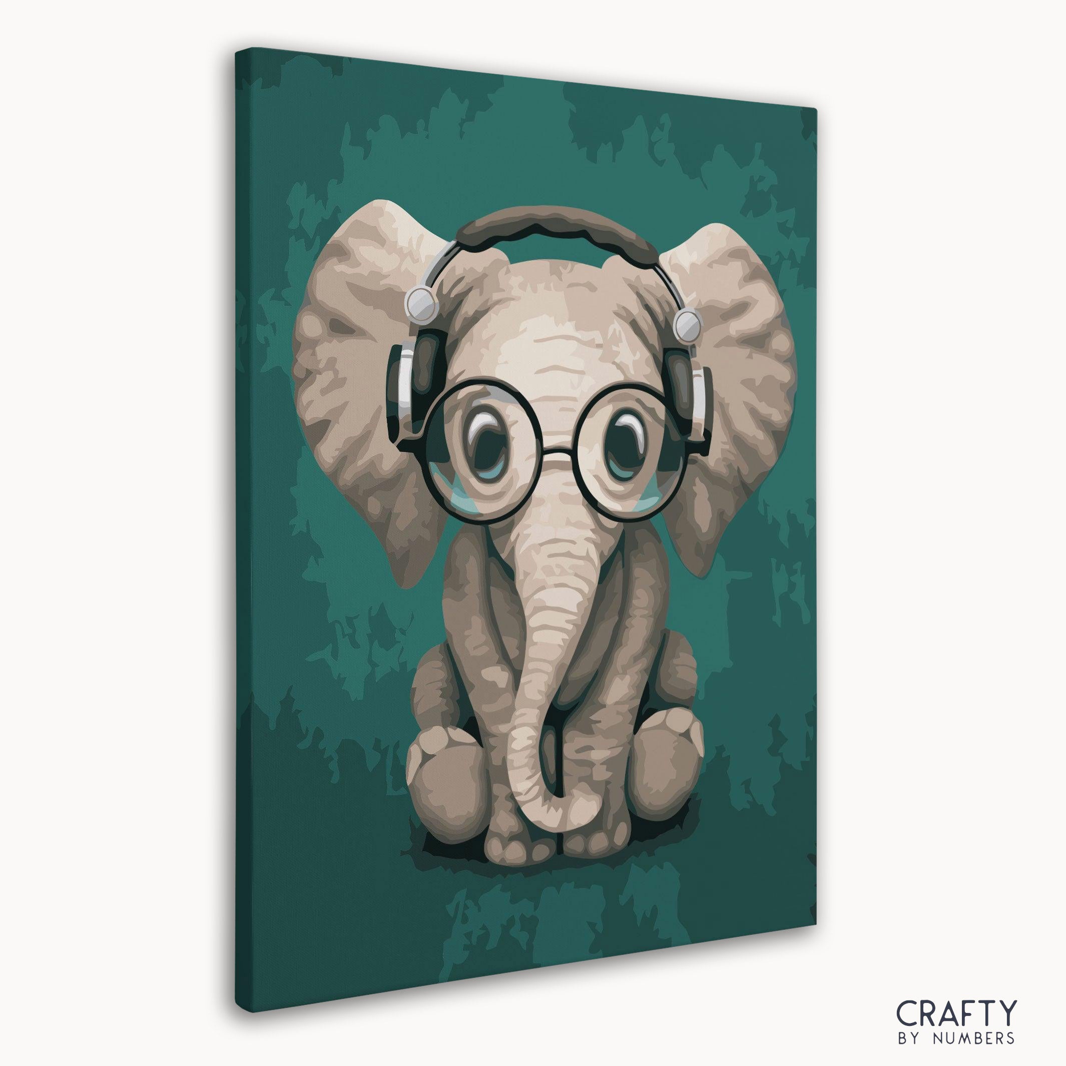 Cute baby elephant wearing headphones in paint by number art with most famous paintings details.