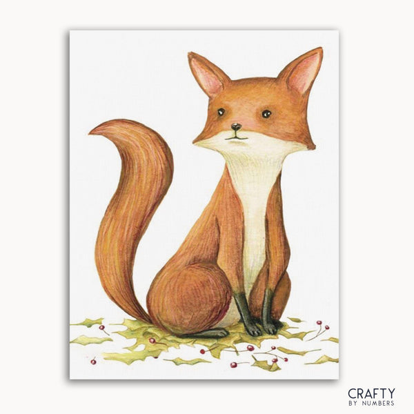 A paint-by-numbers kit depicting a baby fox with a framed canvas.