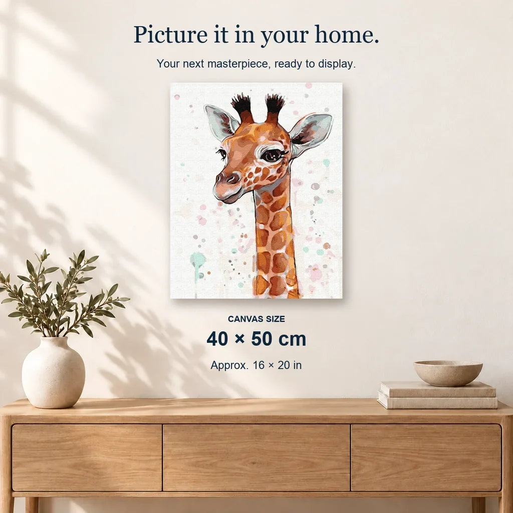 Baby Giraffe displayed on a sunlit wall. Canvas size 40 × 50 cm.