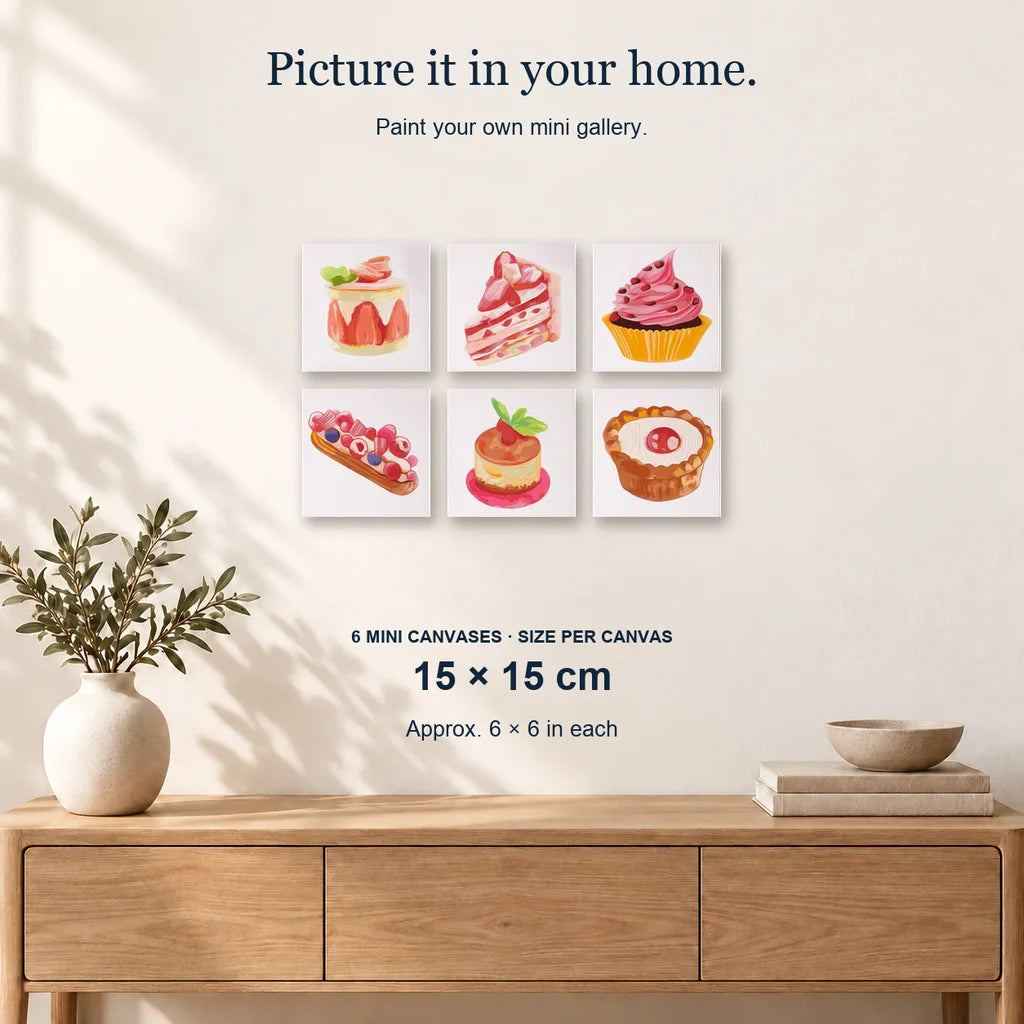 Baked with Love | 6 Mini Kits: 6 mini canvases displayed on a sunlit wall, 15 × 15 cm each.