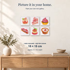 Baked with Love | 6 Mini Kits: 6 mini canvases displayed on a sunlit wall, 15 × 15 cm each.