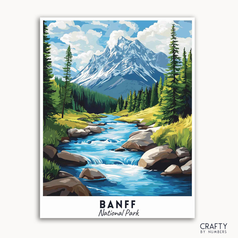 A travel poster paint by numbers kit featuring a scenic view of Banff National Park with mountains, trees, and a stream.