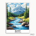 A travel poster paint by numbers kit featuring a scenic view of Banff National Park with mountains, trees, and a stream.