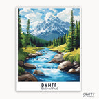 A travel poster paint by numbers kit featuring a scenic view of Banff National Park with mountains, trees, and a stream.