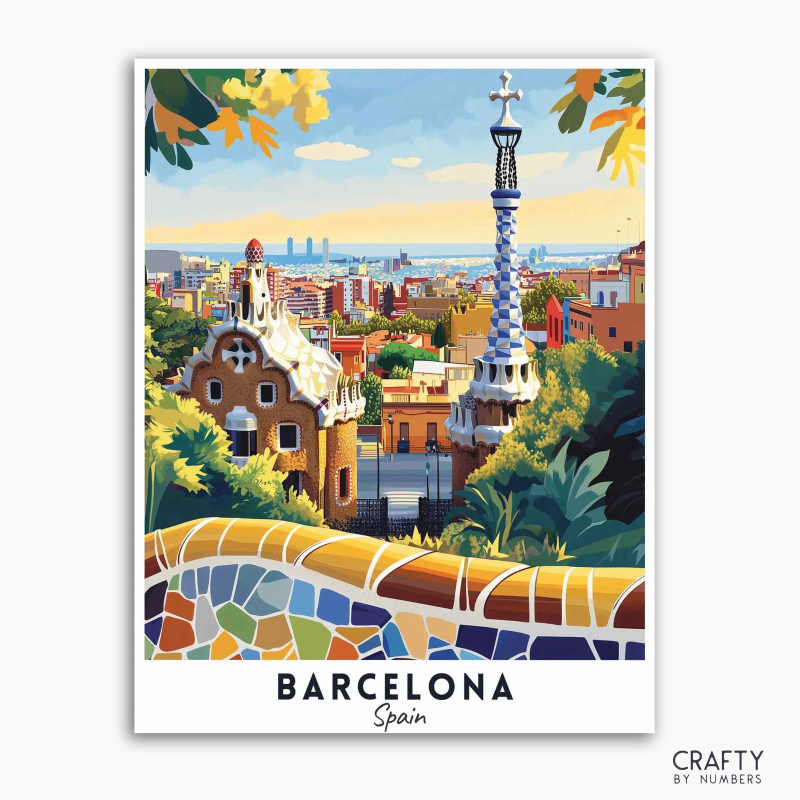 Un vibrante cartel de viaje que representa el horizonte de Barcelona con lugares famosos como el Parque Gübell, en un colorido estilo artístico.