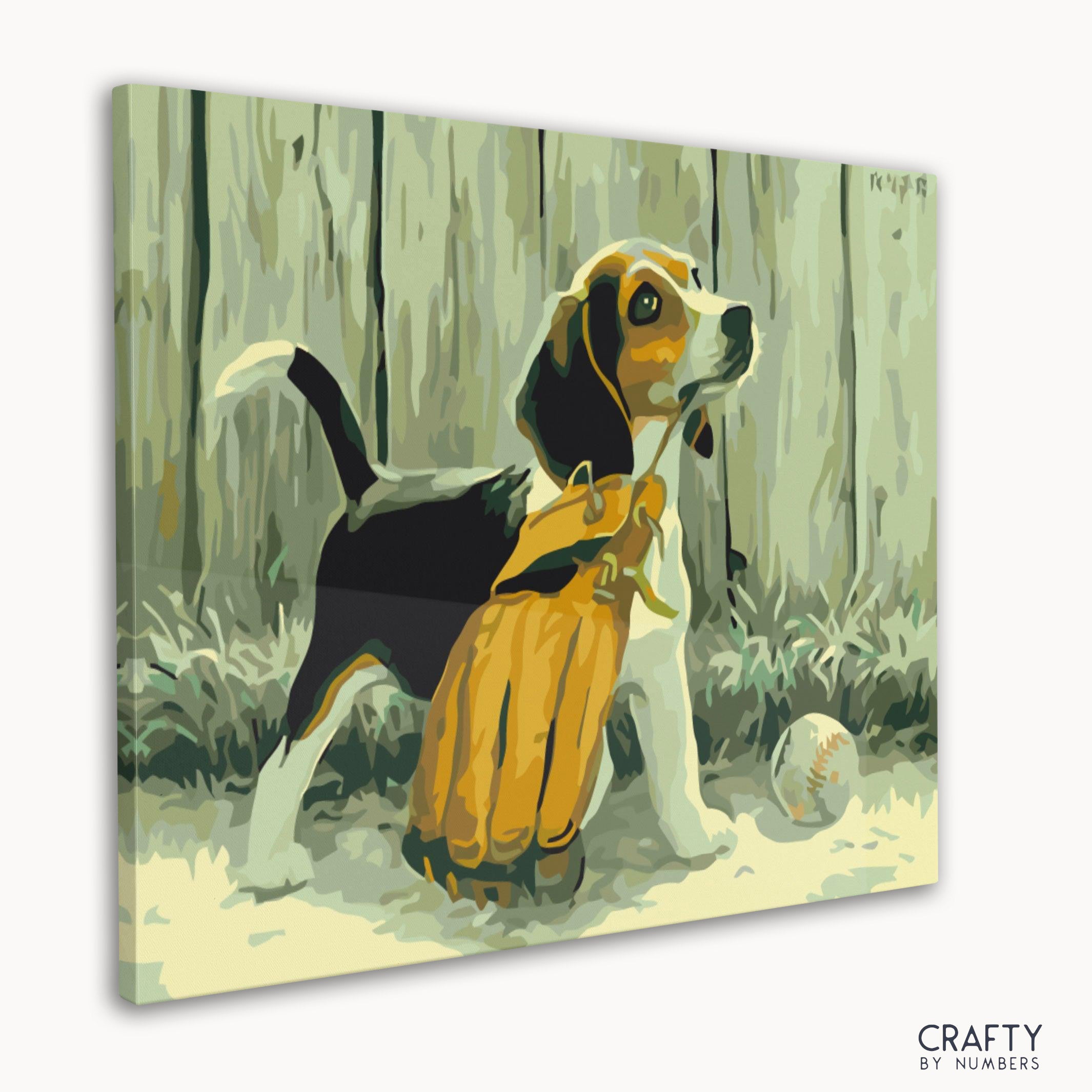 Cute baseball puppy dog in paint by number, blending most famous paintings with famous landscape paintings techniques.