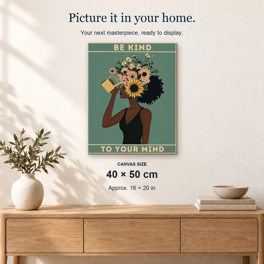 Be Kind To Your Mind displayed on a sunlit wall above an oak cabinet. Canvas size 40 × 50 cm.