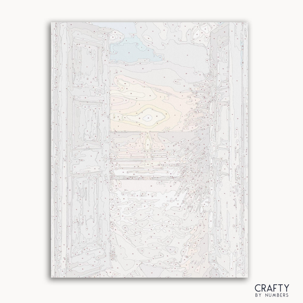 Beach Doors paint by numbers kit with seaside cottage doors and blue ocean horizon view.