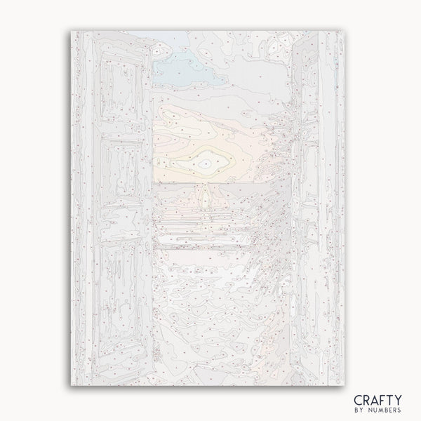Beach Doors paint by numbers kit with seaside cottage doors and blue ocean horizon view.
