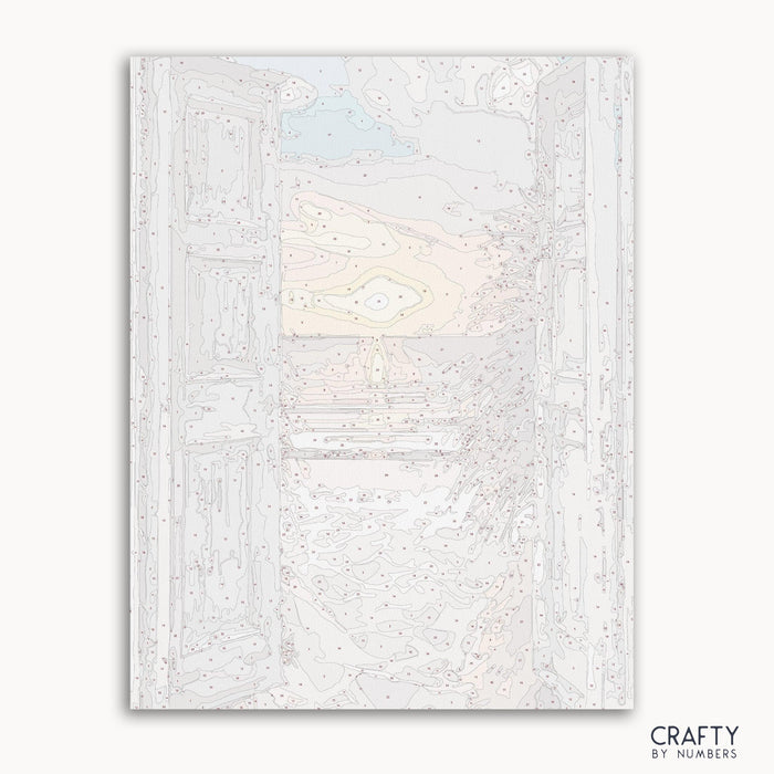 Beach Doors paint by numbers kit with seaside cottage doors and blue ocean horizon view.