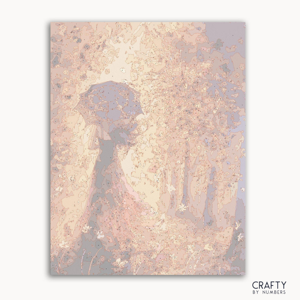 Beautiful woman painting by numbers with autumn leaves background