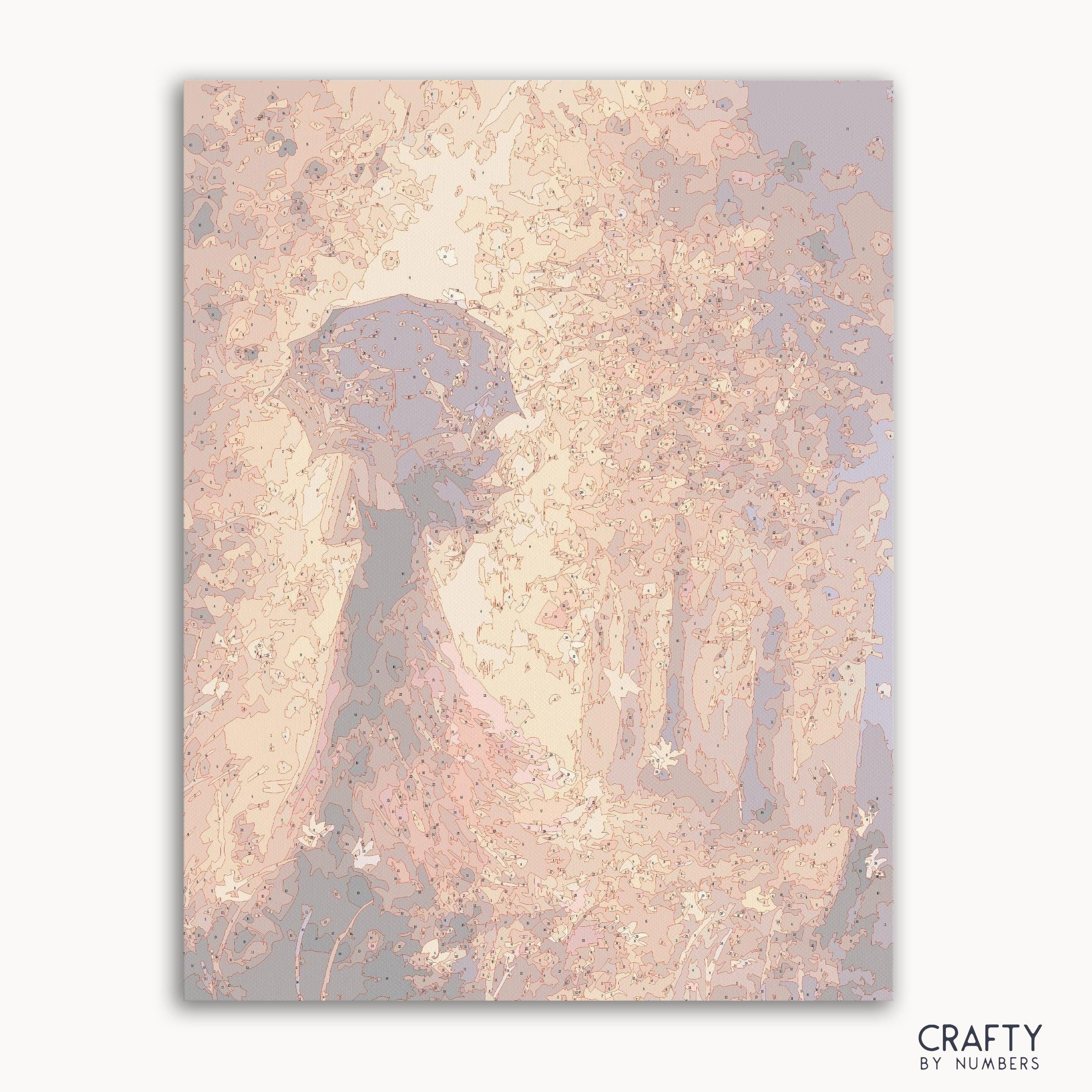 Beautiful woman painting by numbers with autumn leaves background