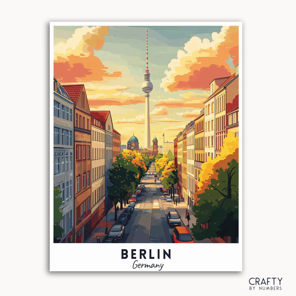 A travel poster paint by numbers kit depicting a vibrant street scene in Berlin, Germany, with the Fernsehturm tower in the background, set against a sunset sky.