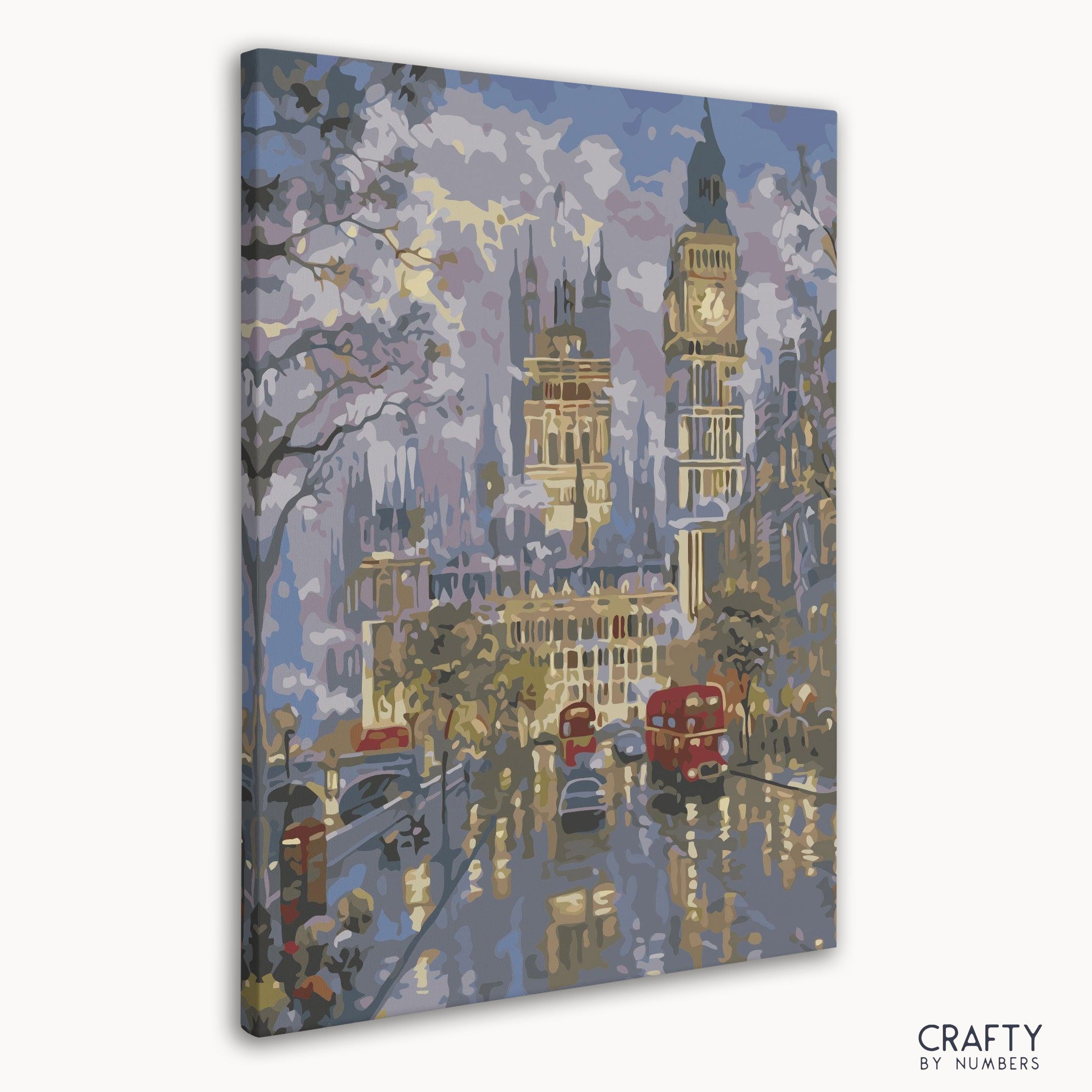 Close-up of paint by numbers canvas featuring Big Ben facade