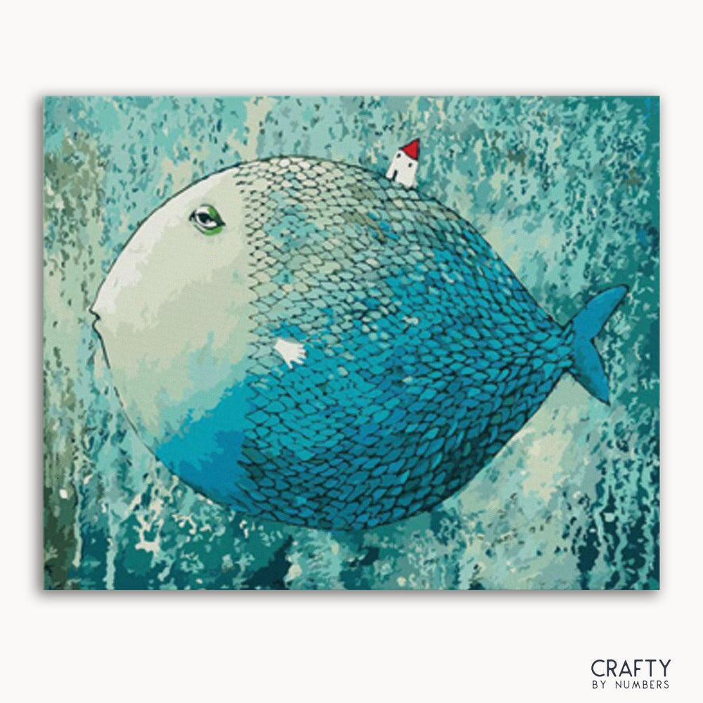 A paint-by-numbers kit image featuring a large fish with blue and green scales on a framed canvas.