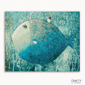 A paint-by-numbers kit image featuring a large fish with blue and green scales on a framed canvas.