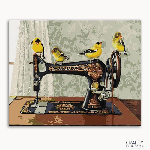 A paint by numbers kit featuring a artistic representation of birds sitting on a sewing machine.