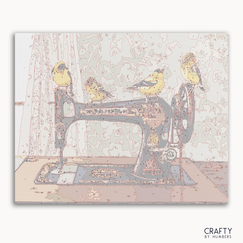 Bird Art Sewing Machine paint by number inspired by famous paintings featuring vibrant colors and detail.