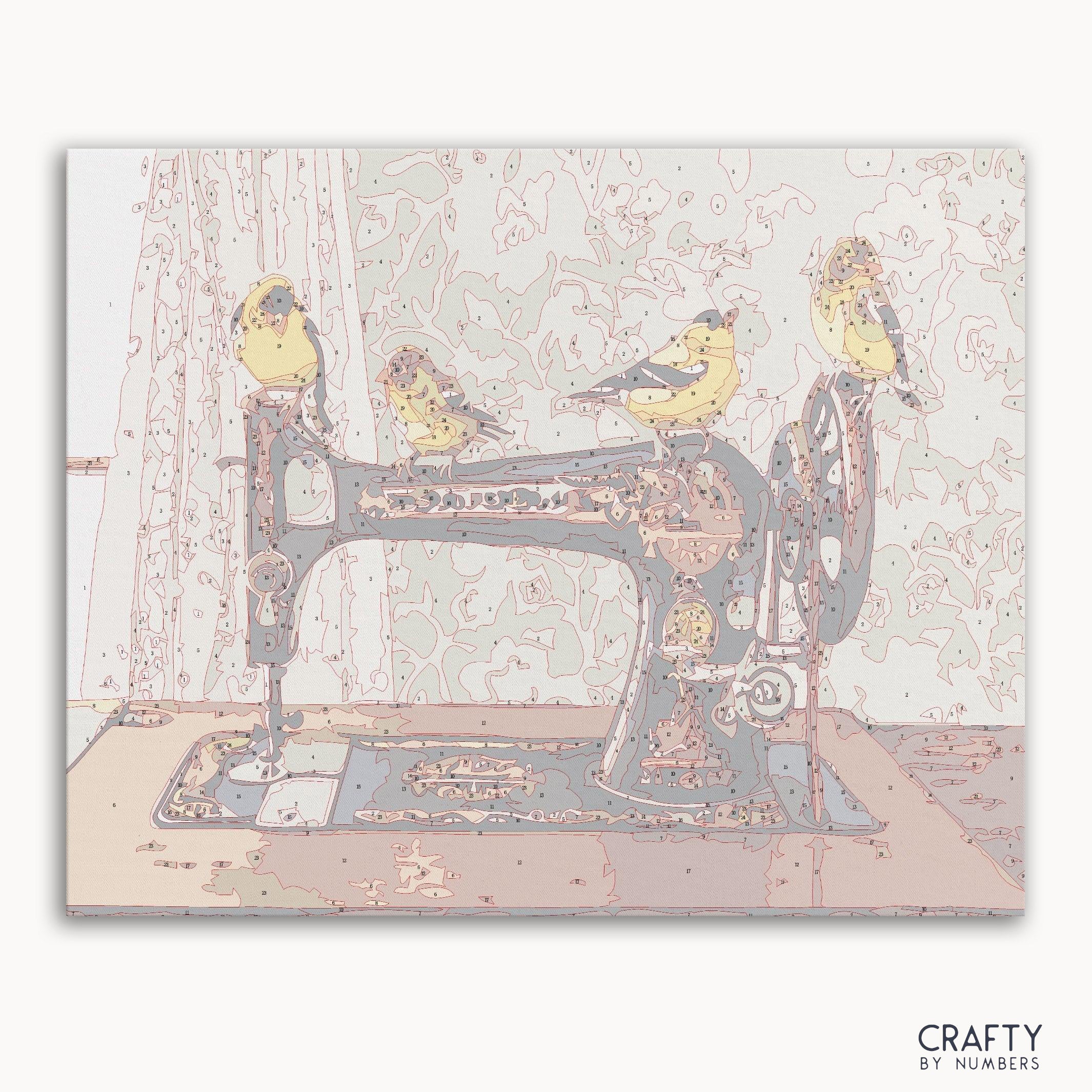 Bird Art Sewing Machine paint by number inspired by famous paintings featuring vibrant colors and detail.