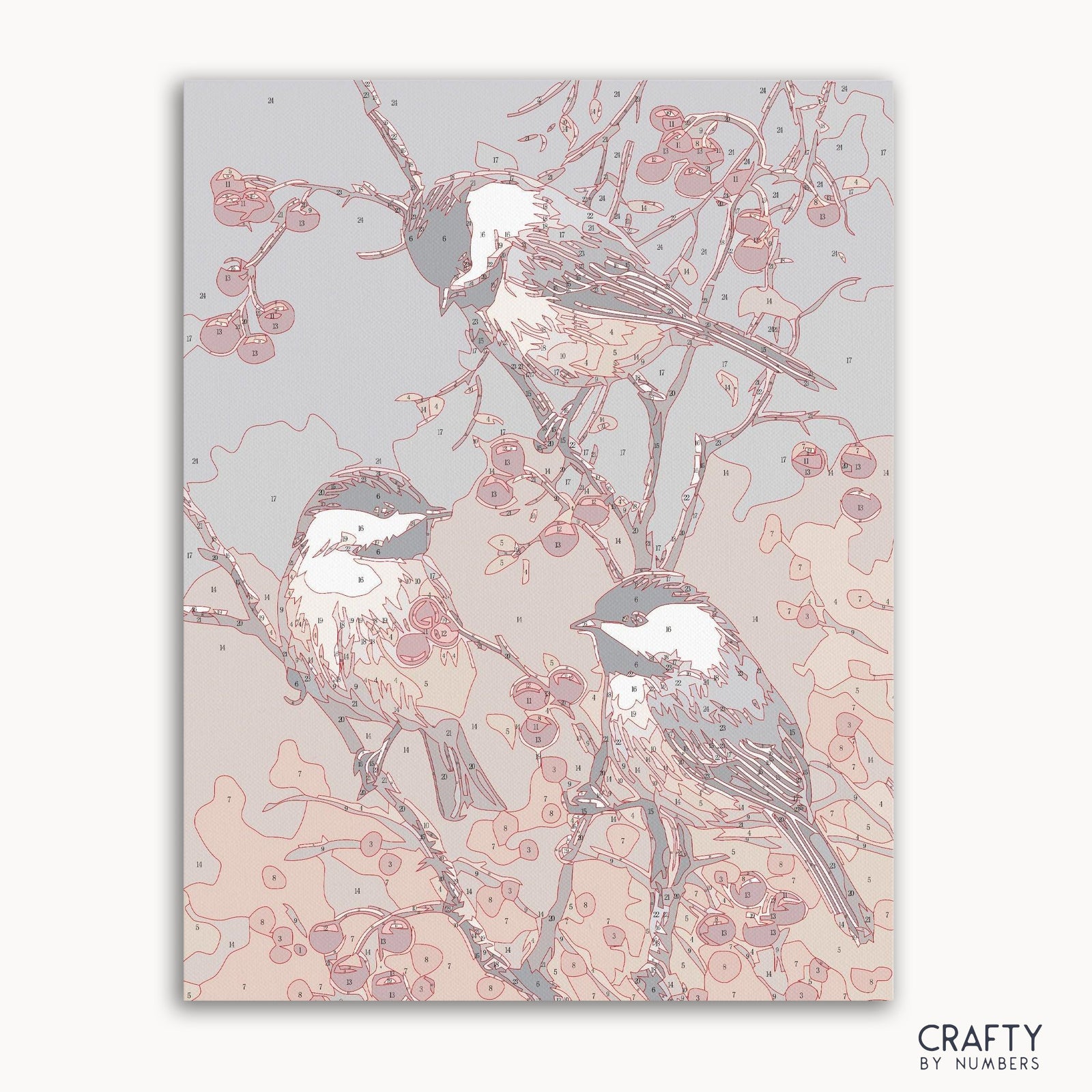 Oiseau perché sur une branche avec des baies rouge vif par numéros, peinture