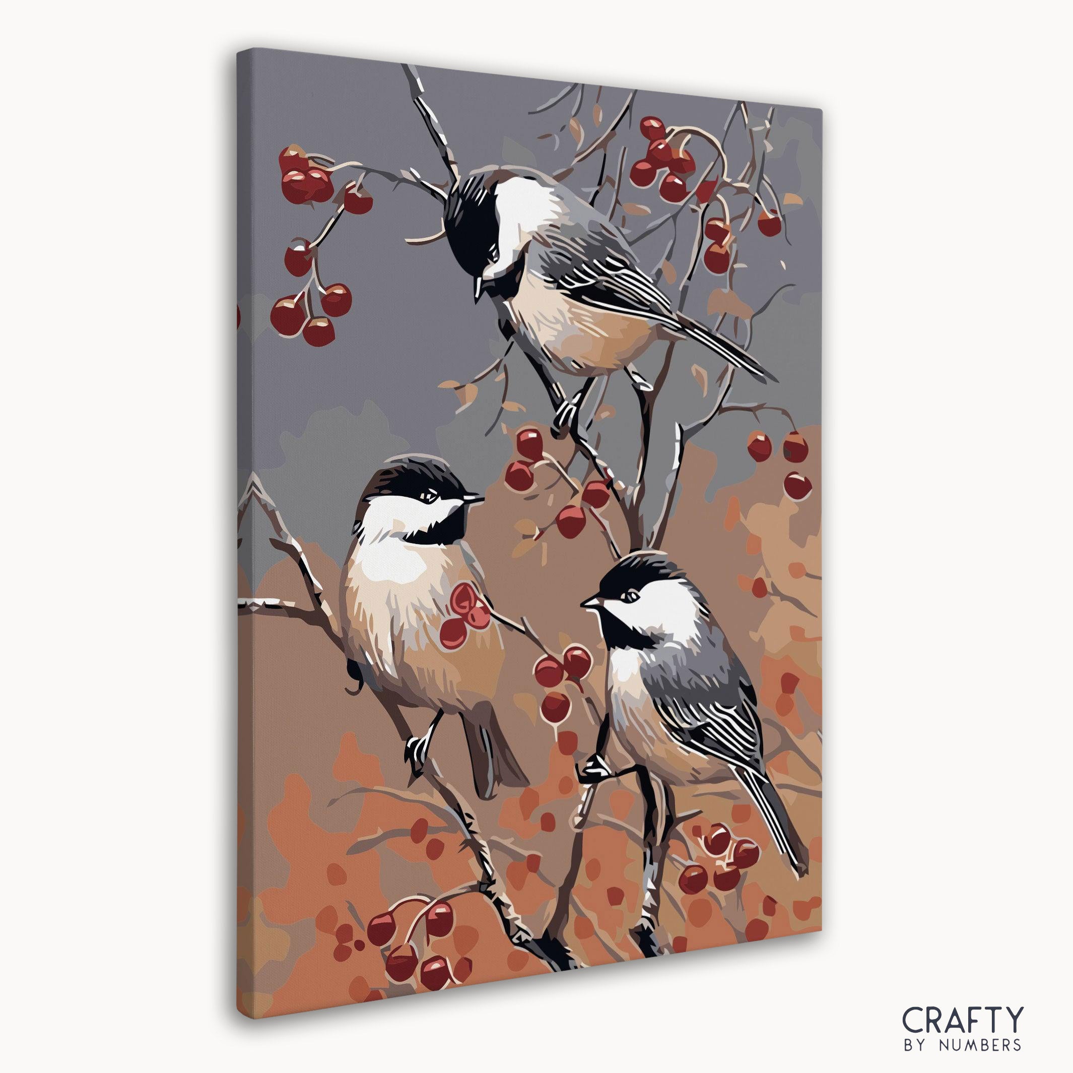 Small songbird surrounded by clusters of red fruits paint by numbers kit