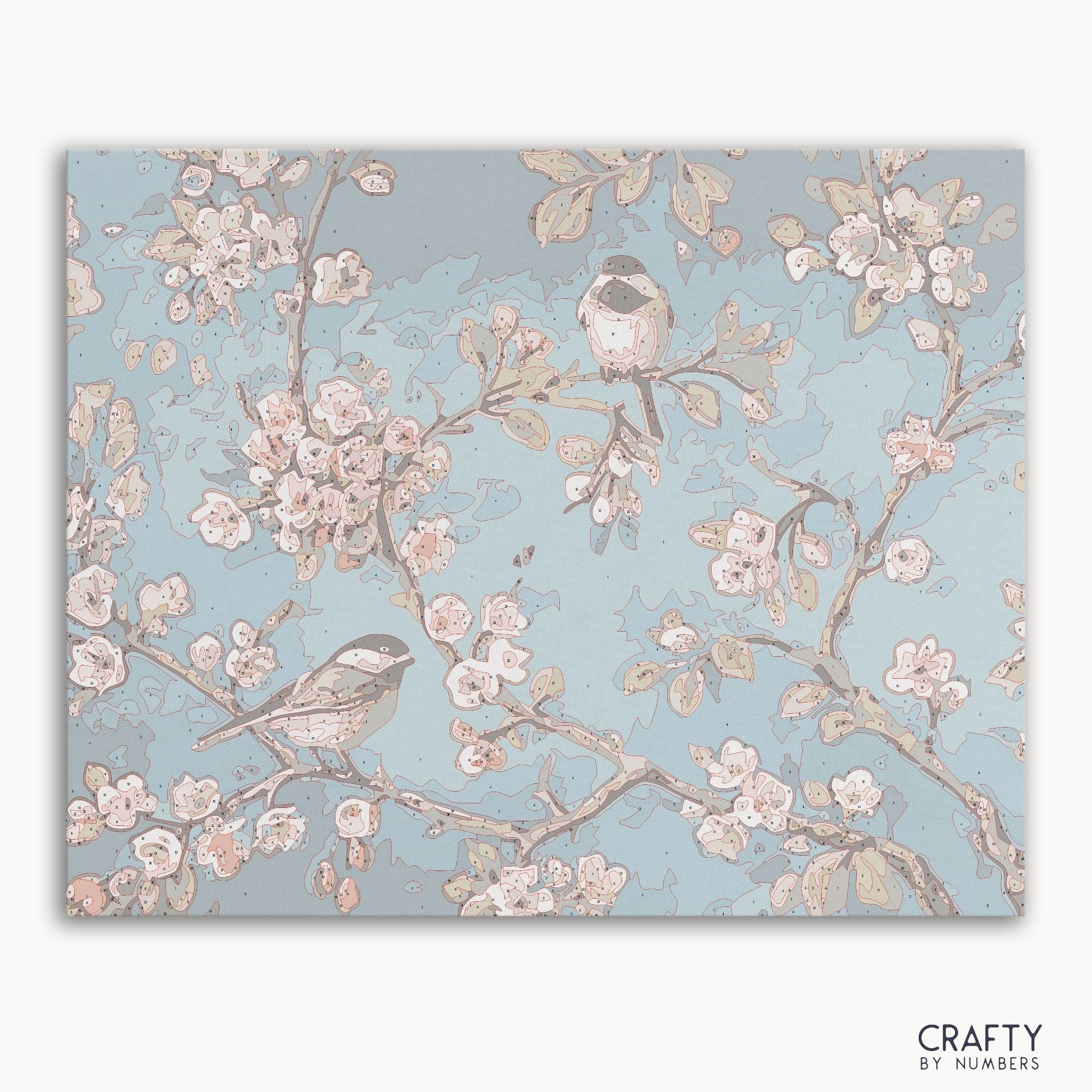 Birds on branches paint by number with vibrant colors inspired by famous paintings and van gogh famous paintings style.