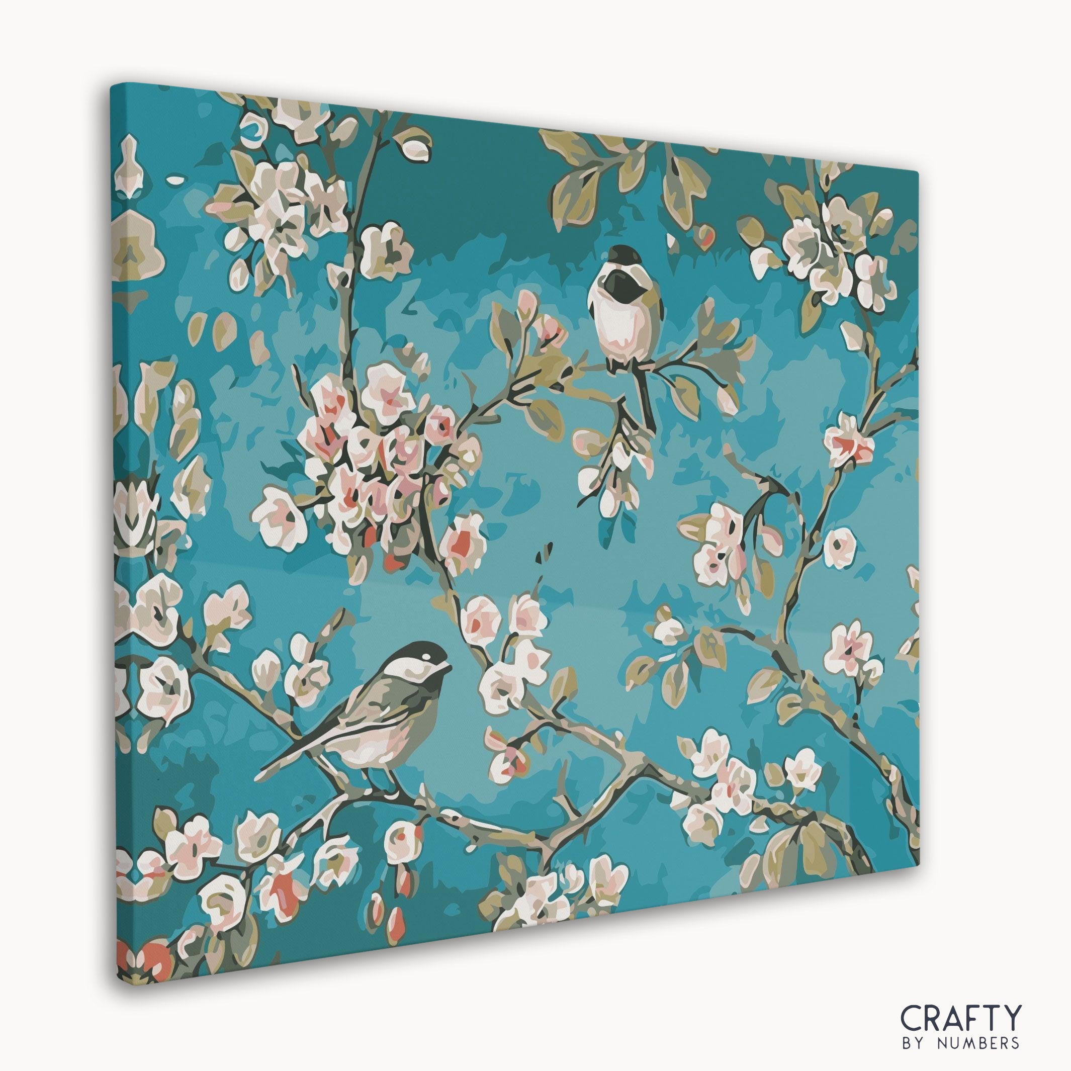 Detailed birds on branches paint by number resembling famous landscape paintings and van gogh famous paintings techniques.