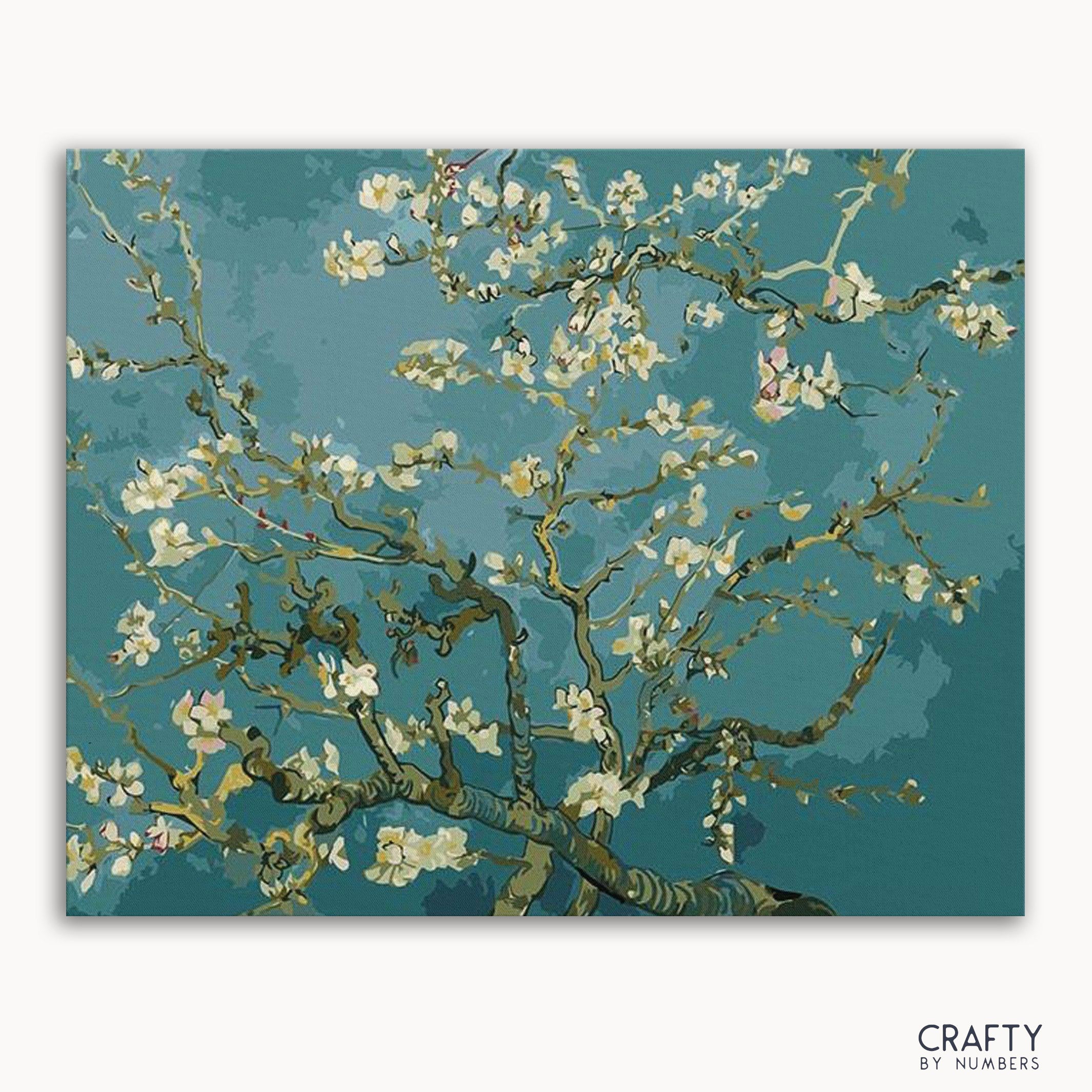 A paint-by-numbers kit image featuring the 'Almond Blossoms' artwork by Vincent Van Gogh, with numbered sections indicating where to apply paint.