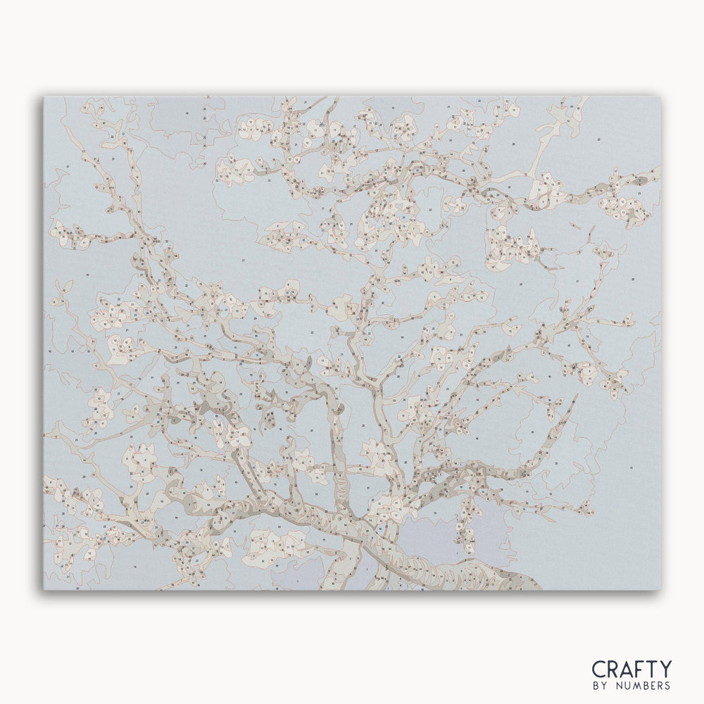 Almond Blossoms paint by numbers kit inspired by Vincent Van Gogh famous paintings, featuring delicate branches and white flowers.