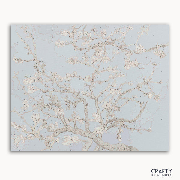Almond Blossoms paint by numbers kit inspired by Vincent Van Gogh famous paintings, featuring delicate branches and white flowers.