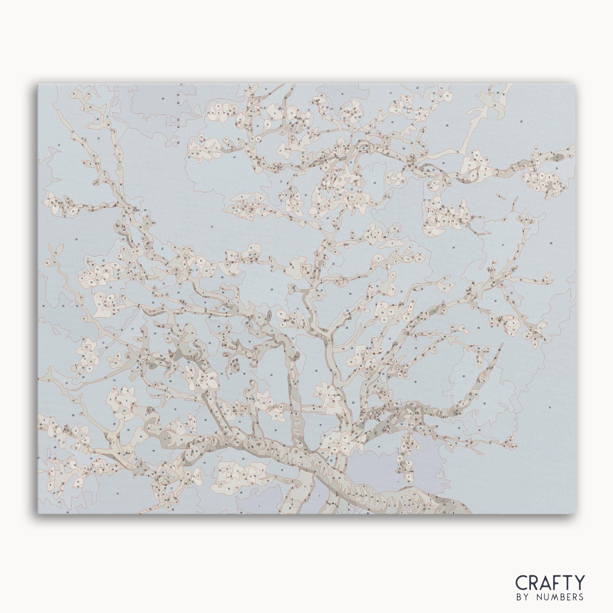 Almond Blossoms paint by numbers kit inspired by Vincent Van Gogh famous paintings, featuring delicate branches and white flowers.