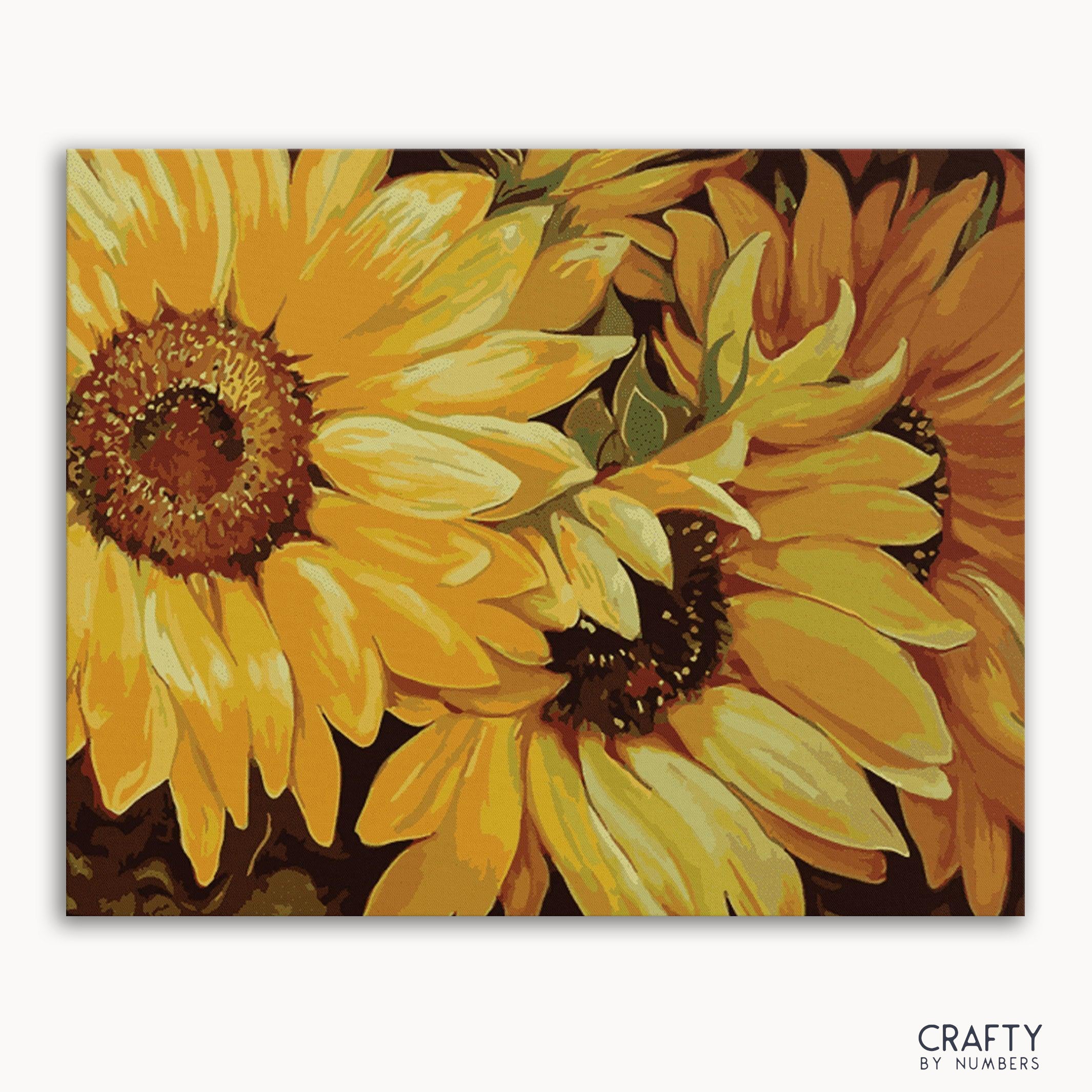 A paint-by-numbers kit image featuring a vibrant painting of sunflowers with detailed petals and centers.