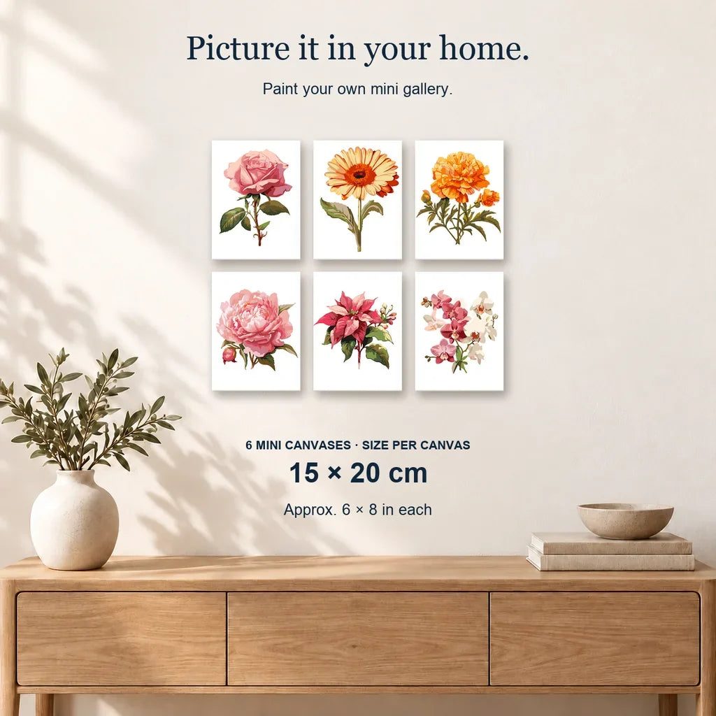 Blossom Symphony | 6 Mini Kits: 6 mini canvases displayed on a sunlit wall, 15 × 20 cm each.