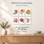 Blossom Symphony | 6 Mini Kits: 6 mini canvases displayed on a sunlit wall, 15 × 20 cm each.