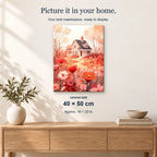 Blossoming Cottage displayed on a sunlit wall above an oak cabinet. Canvas size 40 × 50 cm.