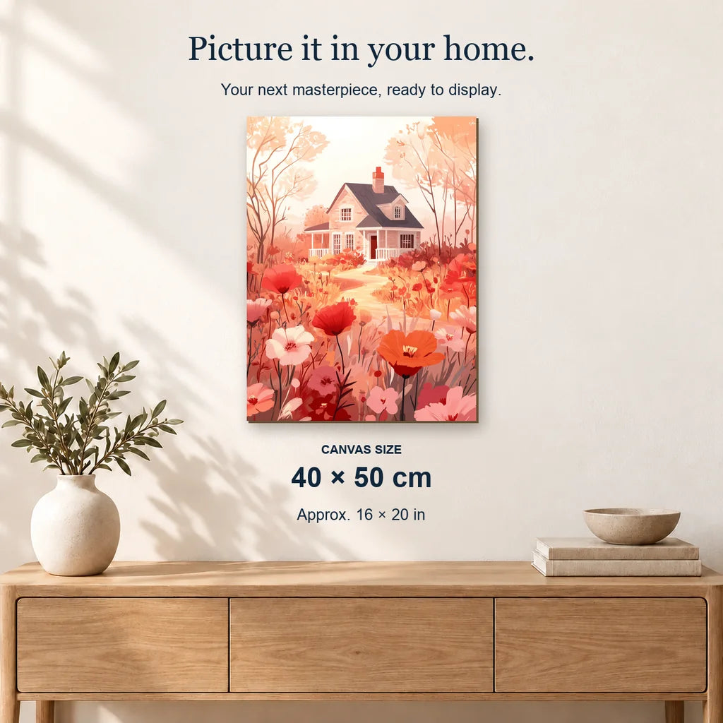 Blossoming Cottage displayed on a sunlit wall above an oak cabinet. Canvas size 40 × 50 cm.