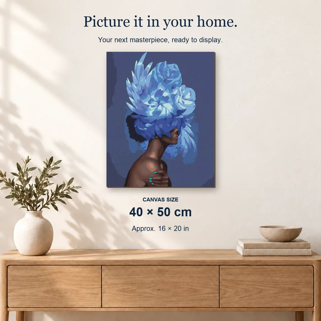 Blue Bloom displayed on a sunlit wall. Canvas size 40 × 50 cm.