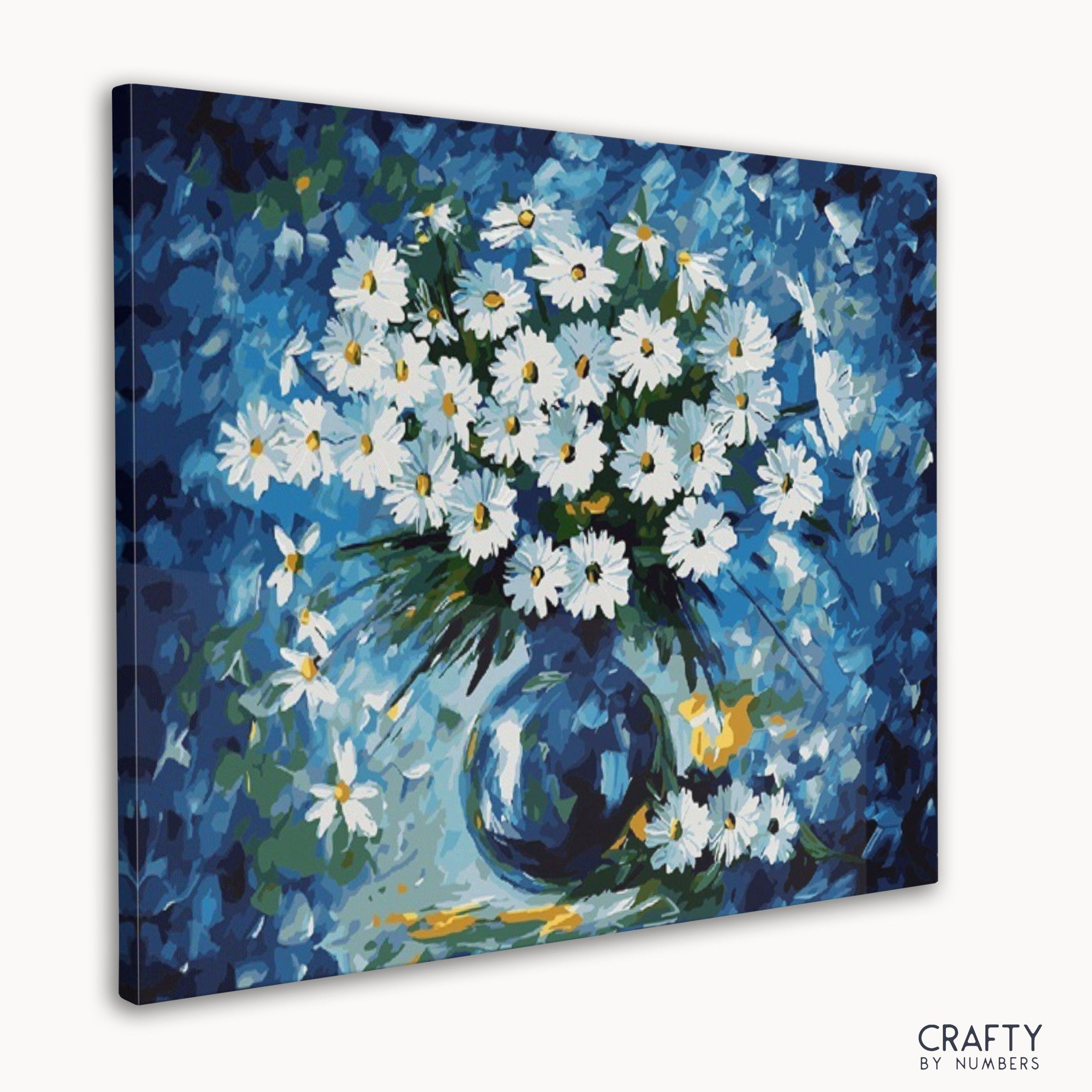 Detailed Blue Daisy Floret paint by number with a style reminiscent of famous artists paintings and famous paintings of women.