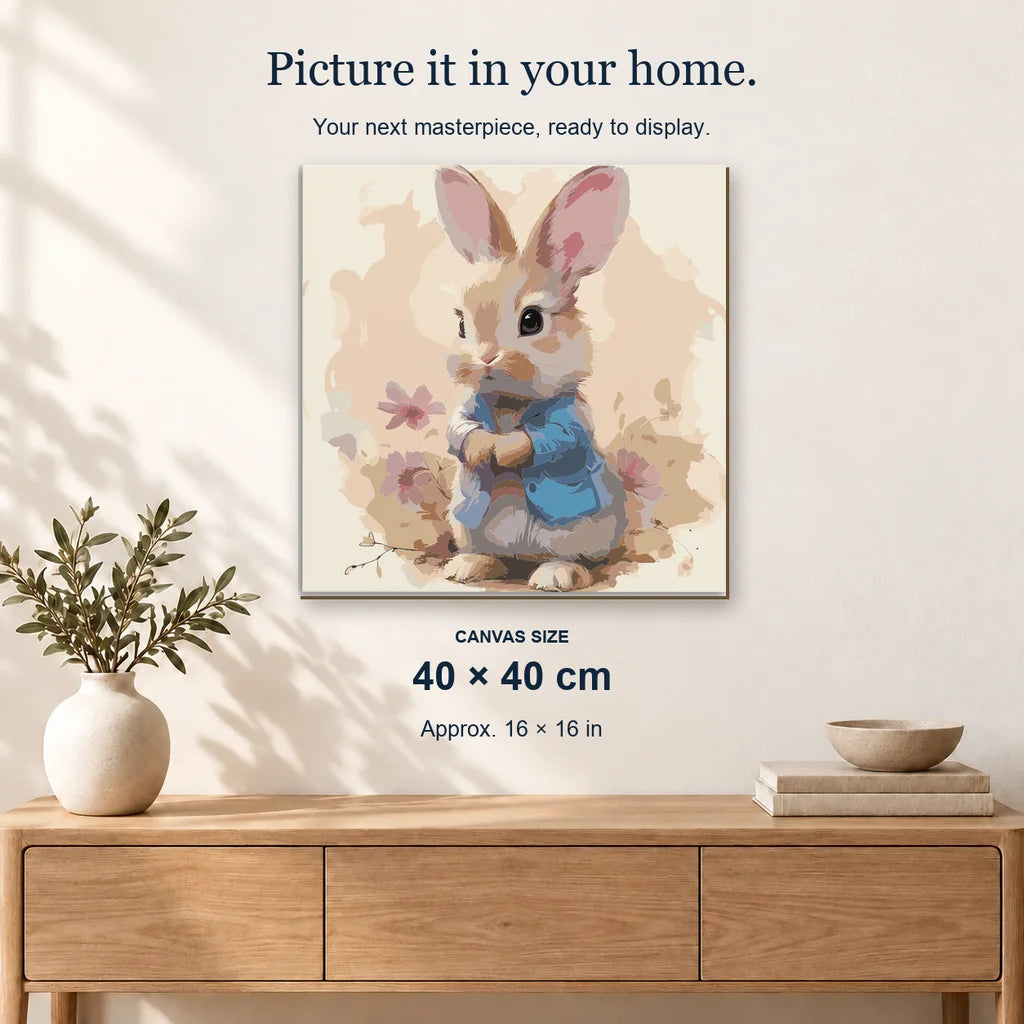 Blue Jacket Bunny displayed on a sunlit wall. Canvas size 40 × 40 cm.