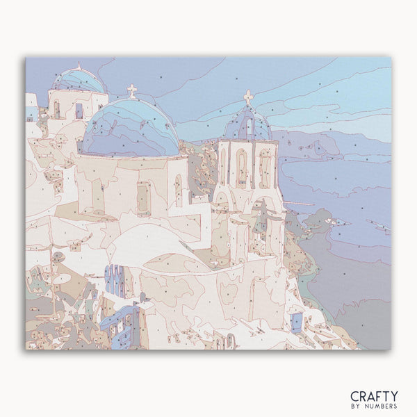 Blue Santorini Banlana paint by numbers kit featuring a scenic Greek island view.
