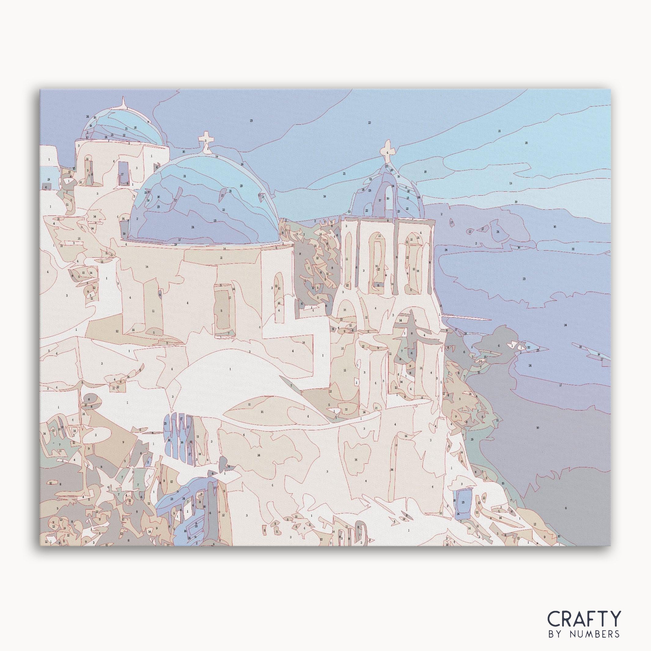 Blue Santorini Banlana paint by numbers kit featuring a scenic Greek island view.