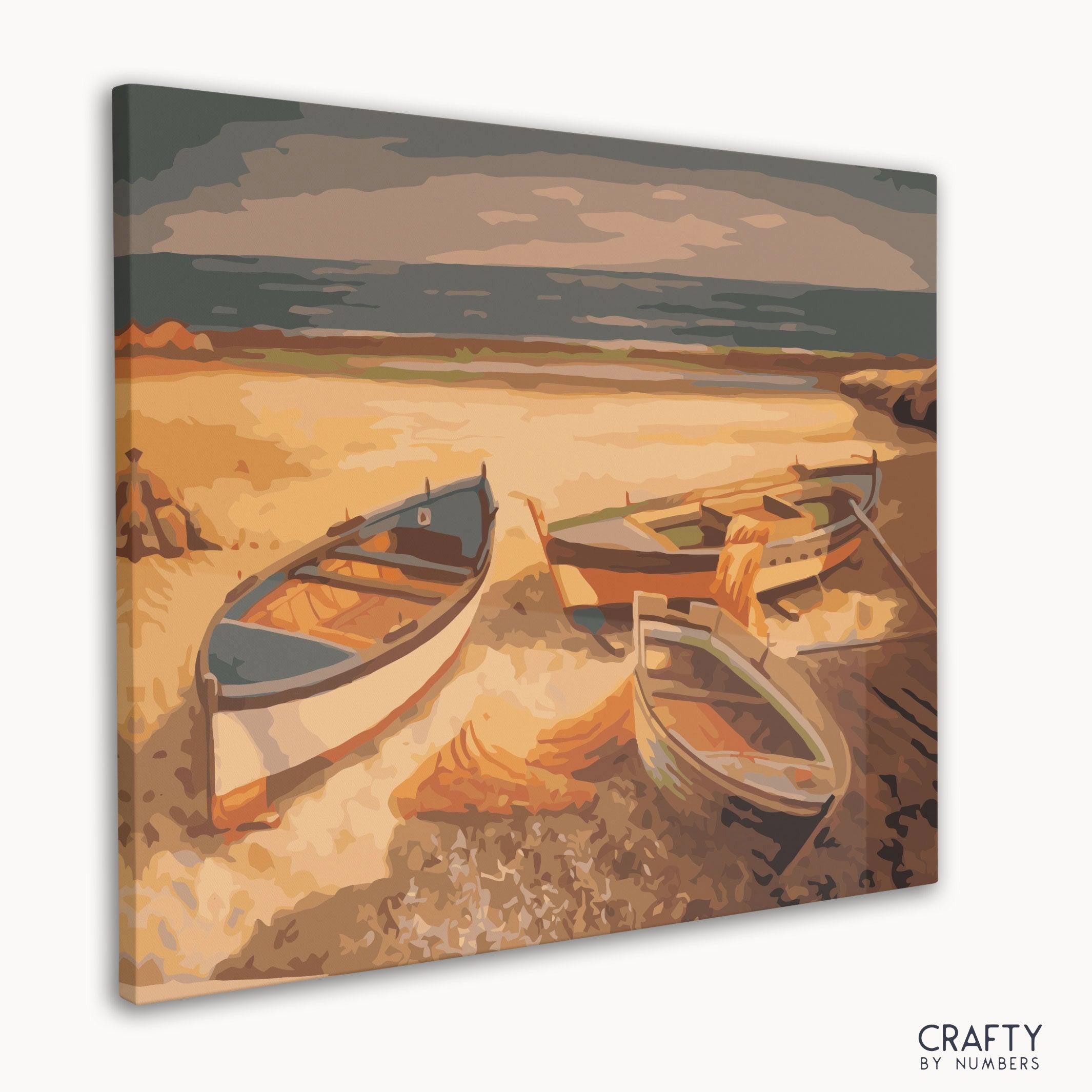 DIY painting kit featuring boats anchored near beech trees