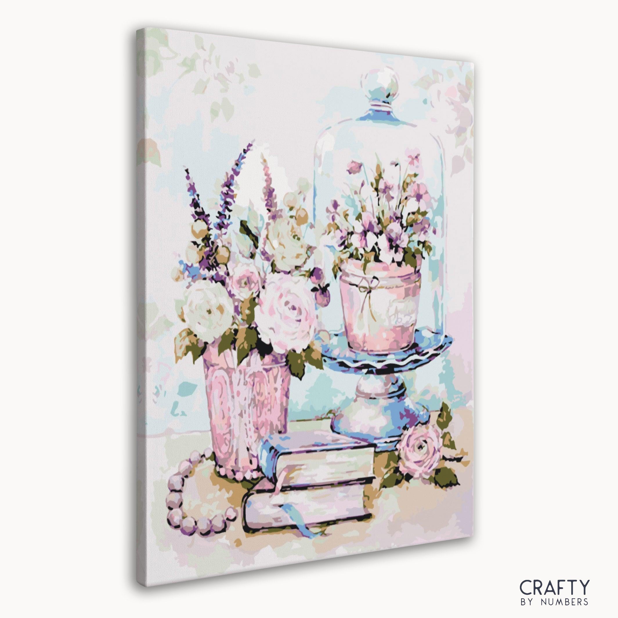 A colorful Books & Flowers paint by number blending famous flower paintings and famous still life paintings with artistic brushwork.
