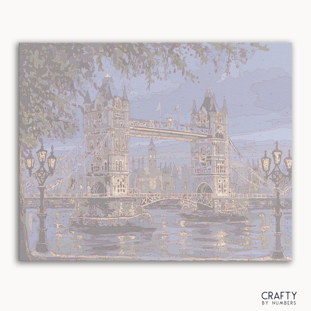 Bridge of London at night paint by numbers kit showing illuminated bridge scene