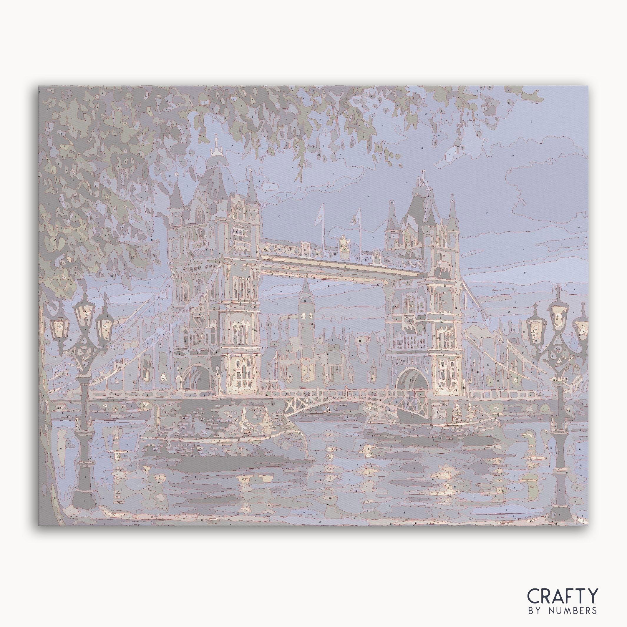 Bridge of London at night paint by numbers kit showing illuminated bridge scene